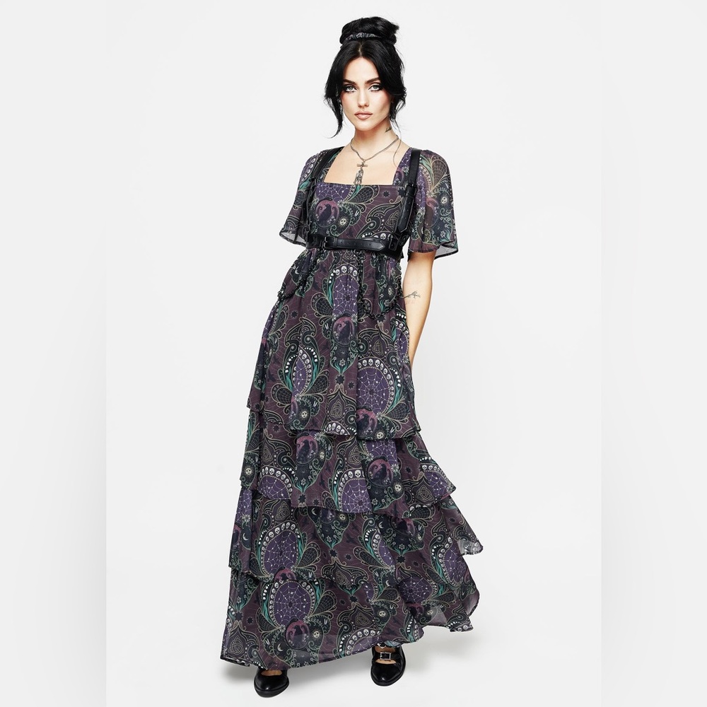 NWT Disturbia Clarette Chiffon Angel Sleeve Tiered Gown US 4 / UK 8